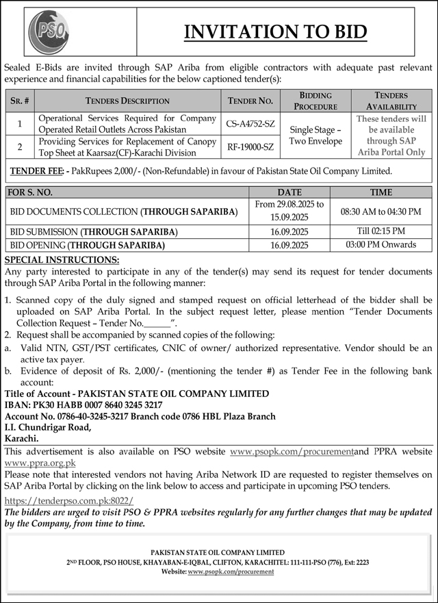 Pakistan State Oil Company Limited Karachi Tender Notice